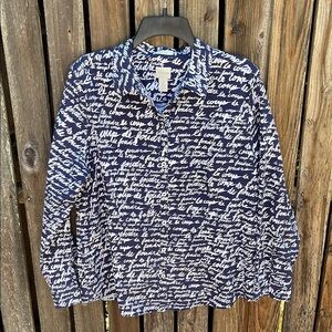 Chico's 2 L 12 Navy White Script Blouse No Iron Button Front Shirt Top Classic